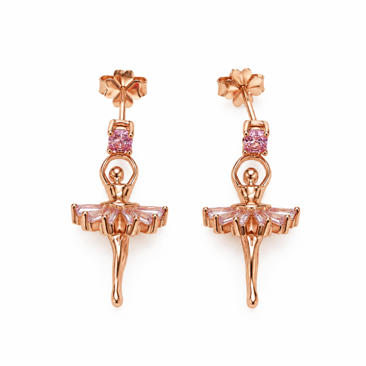 Rose gold ballerina drop earrings featuring pink stones on a clean white background.