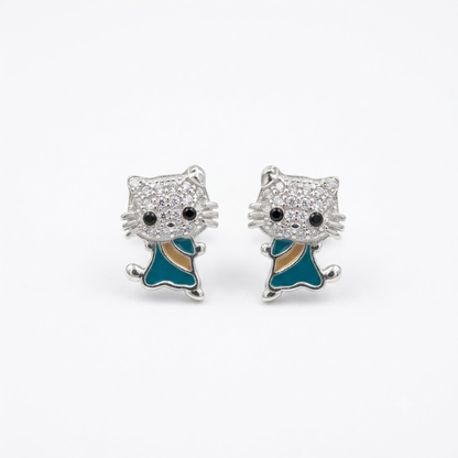 Pair of sterling silver feline stud earrings with pavé stones resting on a solid white background.