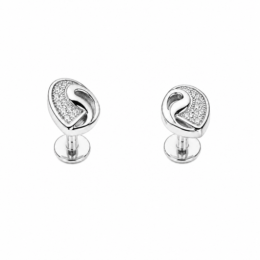 A pair of 4mm sterling silver clover-shaped stud earrings with micro-pave stones on a white background.