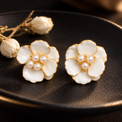 Two flower stud earrings on a minimalist matte black dish next to a small dried jasmine sprig under soft spotlight.