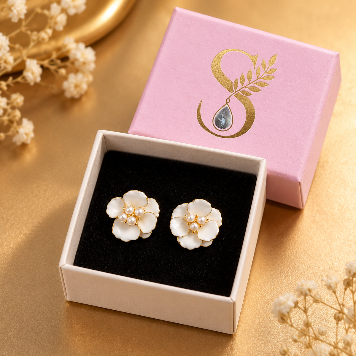 Pair of flower stud earrings nestled in a black velvet interior of a small pink and white box with a gold monogram.