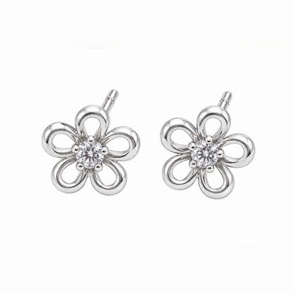 Pair of silver openwork floral stud earrings centered on a pure white background.