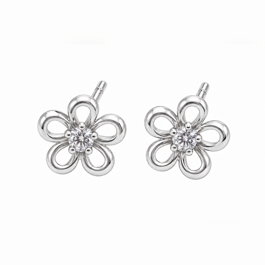 Pair of silver openwork floral stud earrings centered on a pure white background.