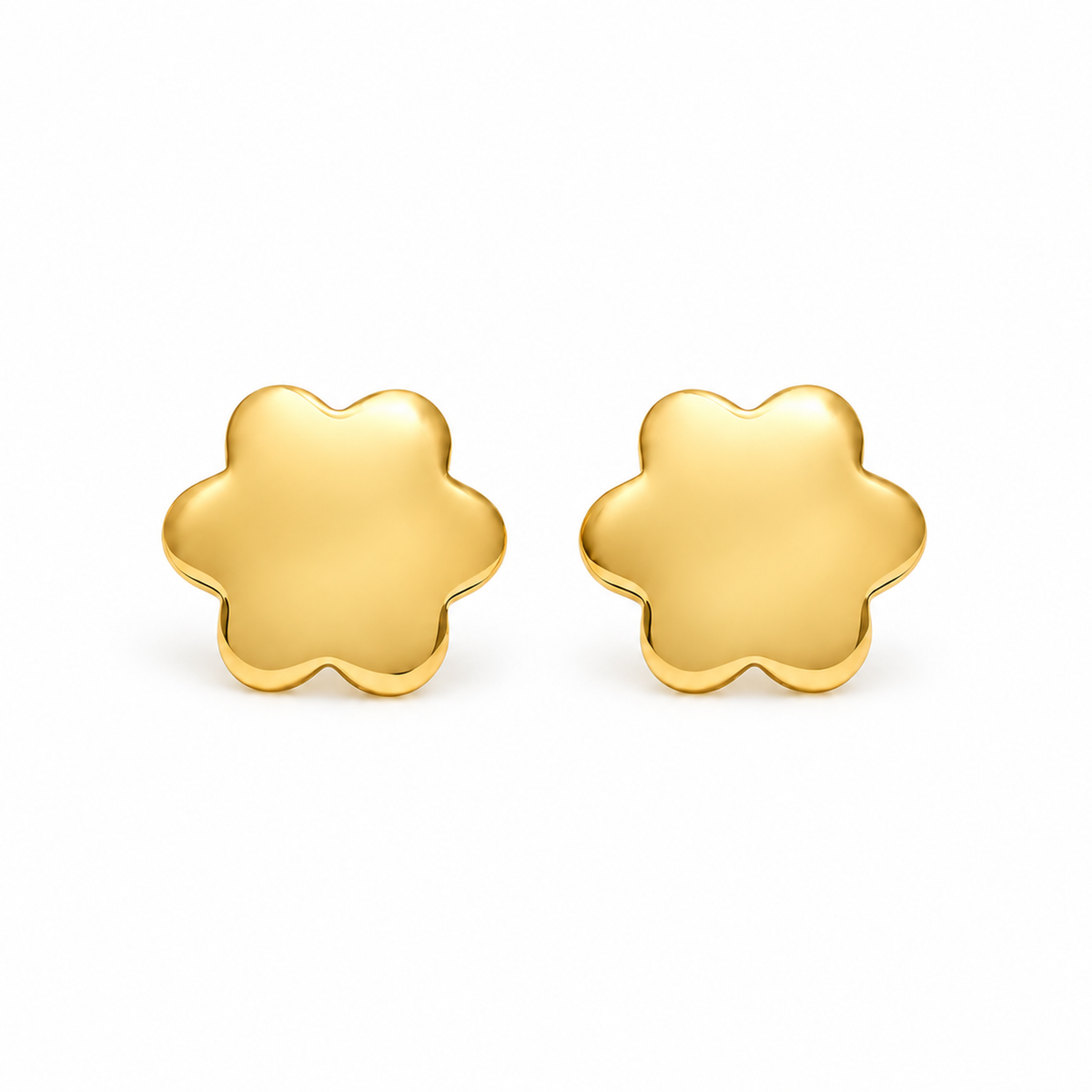 Pair of gold blossom stud earrings centered on a pure white seamless background.