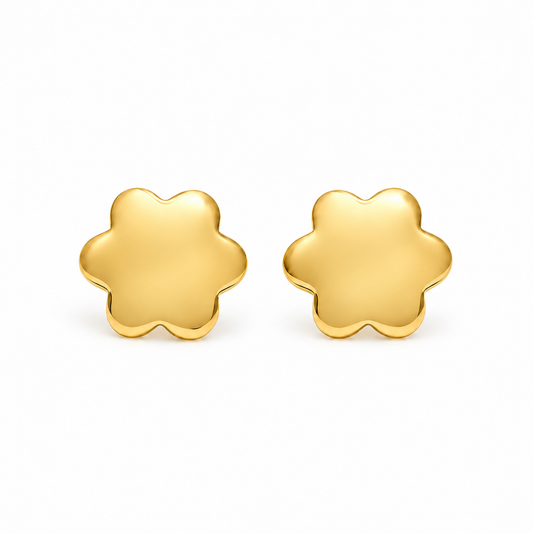 Pair of gold blossom stud earrings centered on a pure white seamless background.
