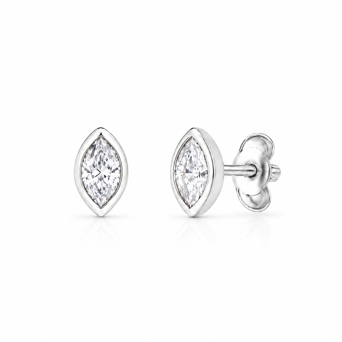 Pair of sterling silver marquise-cut stud earrings centered on a crisp white background.