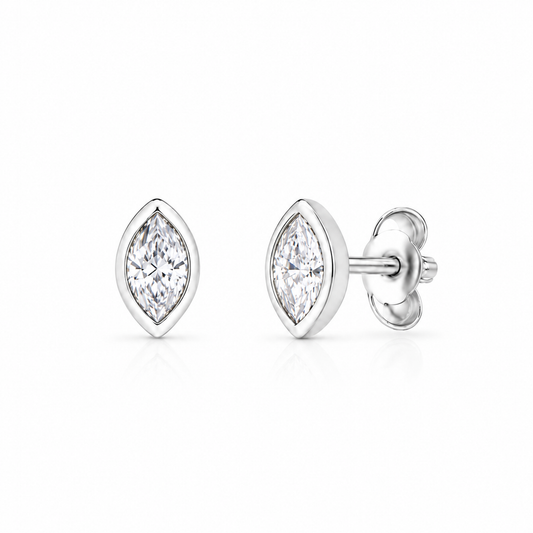 Pair of sterling silver marquise-cut stud earrings centered on a crisp white background.