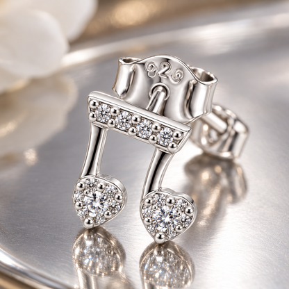 Macro shot of a silver musical note stud earring showing pavé stones and fine metal craftsmanship.