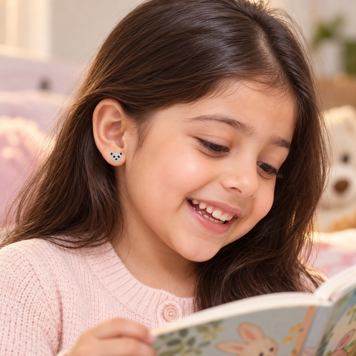 Child wearing a pastel sweater and silver panda stud earring reading a book.