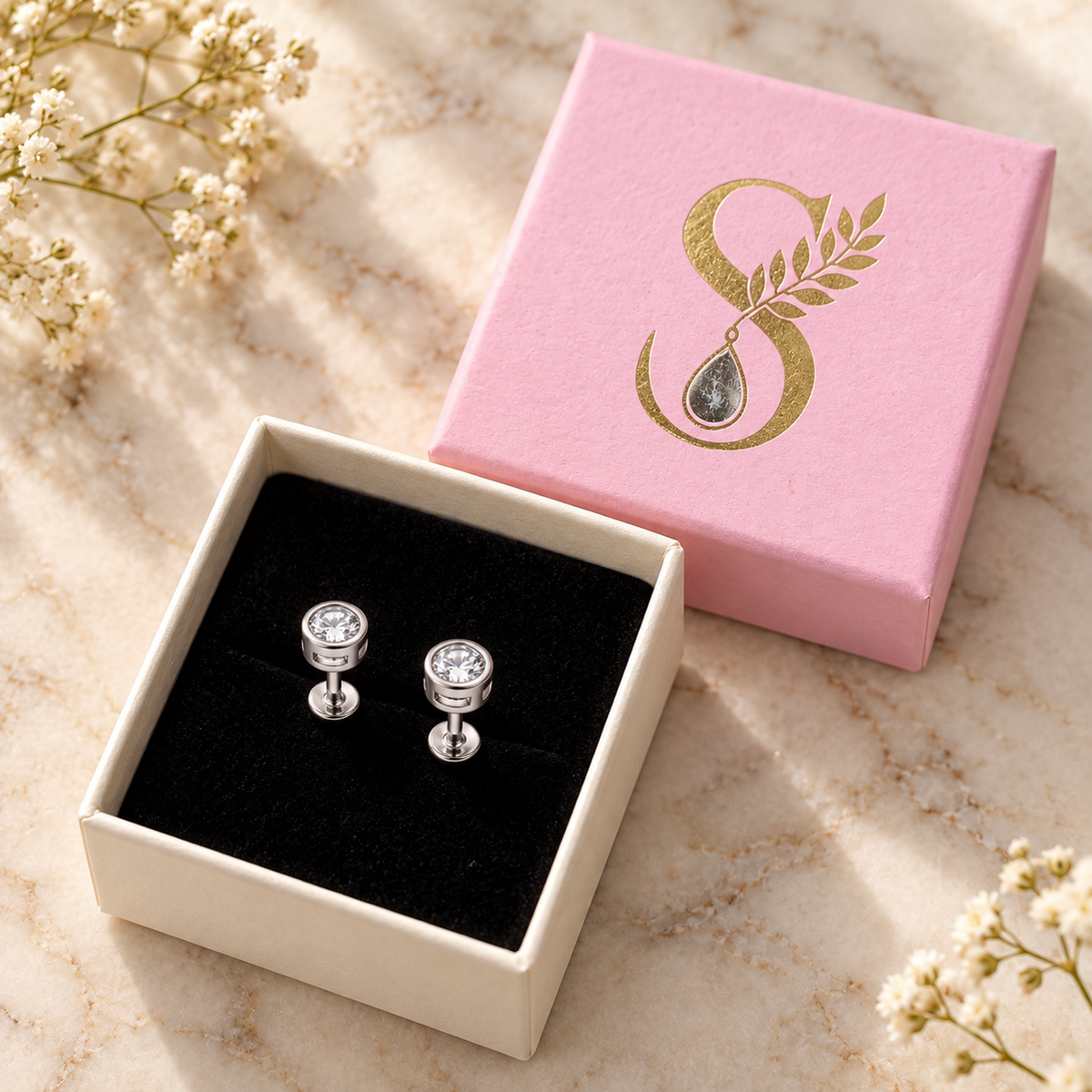 Silver bezel stud earrings presented in a pale pink Silvanya jewellery box.