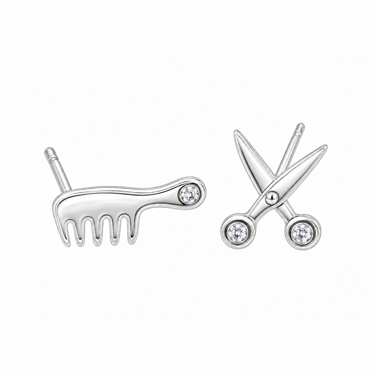 Pair of sterling silver stud earrings shaped like a comb and scissors on white background.