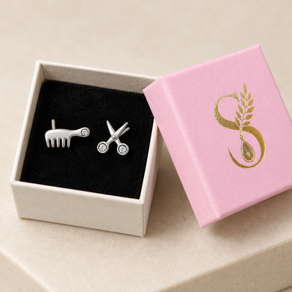 Silver salon studs displayed in Silvanya signature blush pink jewellery box.