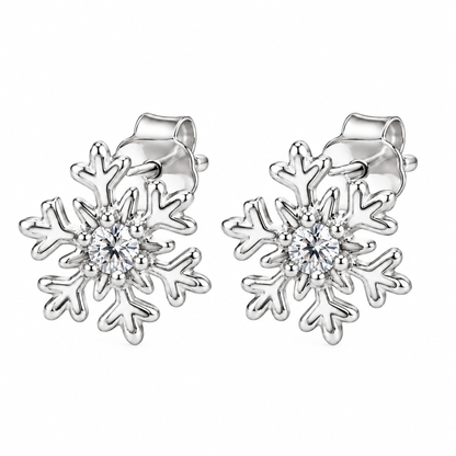 Pair of silver snowflake stud earrings with central clear stones on a white background.