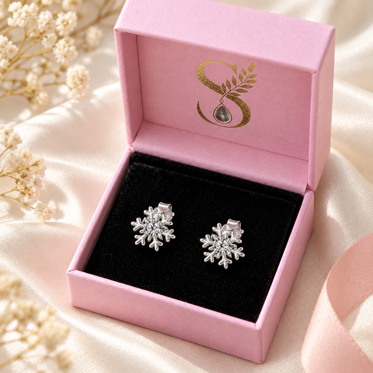 Silver snowflake studs in an open pink Silvanya gift box with black velvet lining.