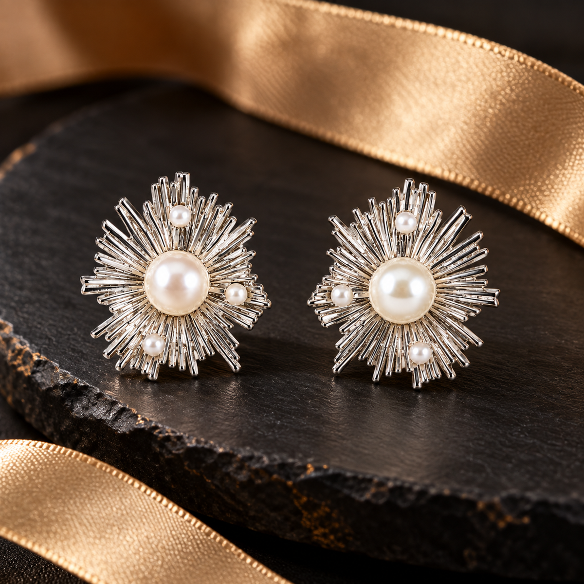 Silver and pearl sunburst studs positioned on a matte black slate plate.