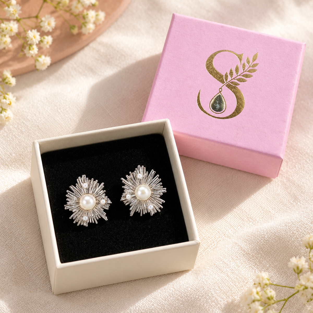 Open pale pink jewellery gift box with black velvet lining holding silver pearl stud earrings.