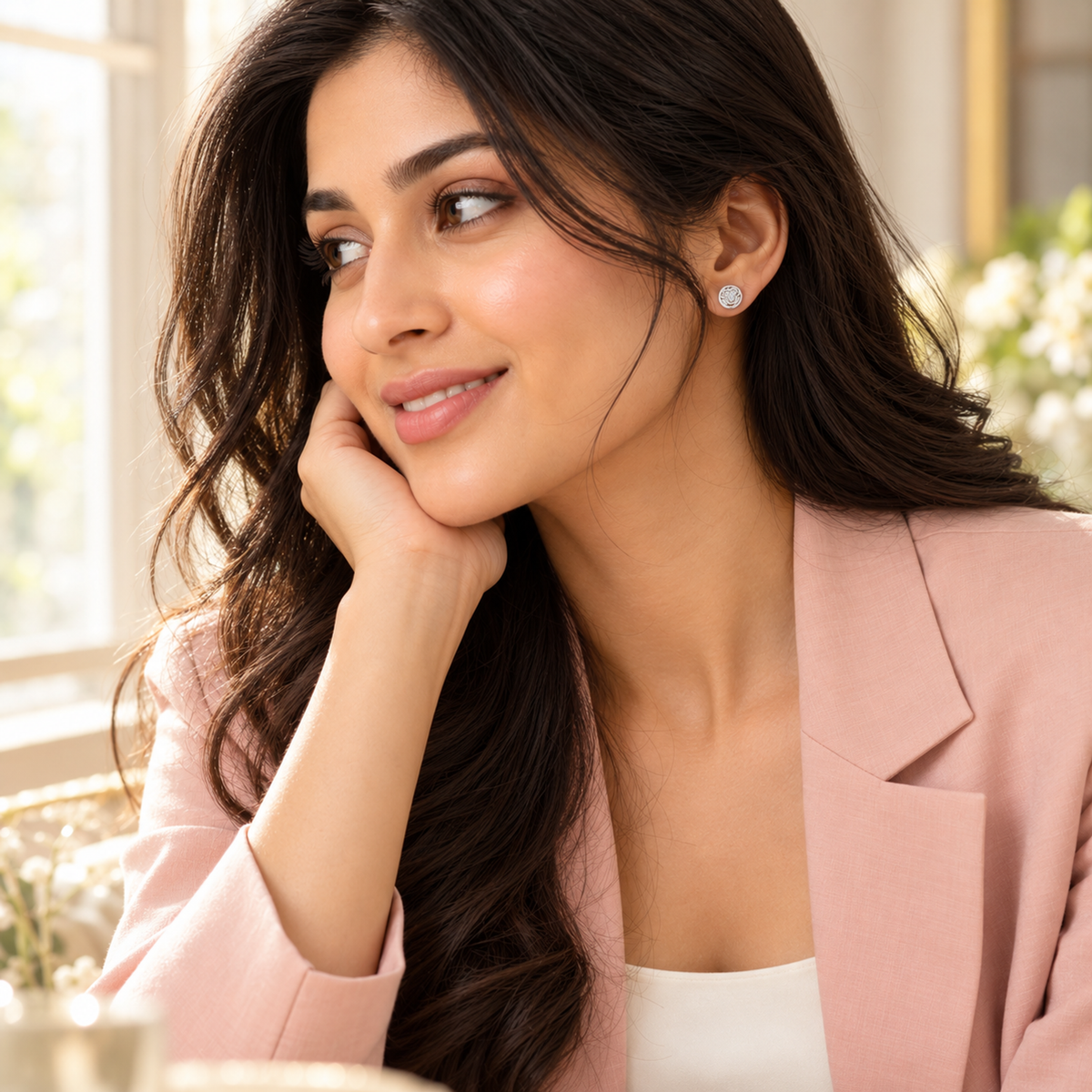 Woman smiling near window wearing silver swirl stud earrings