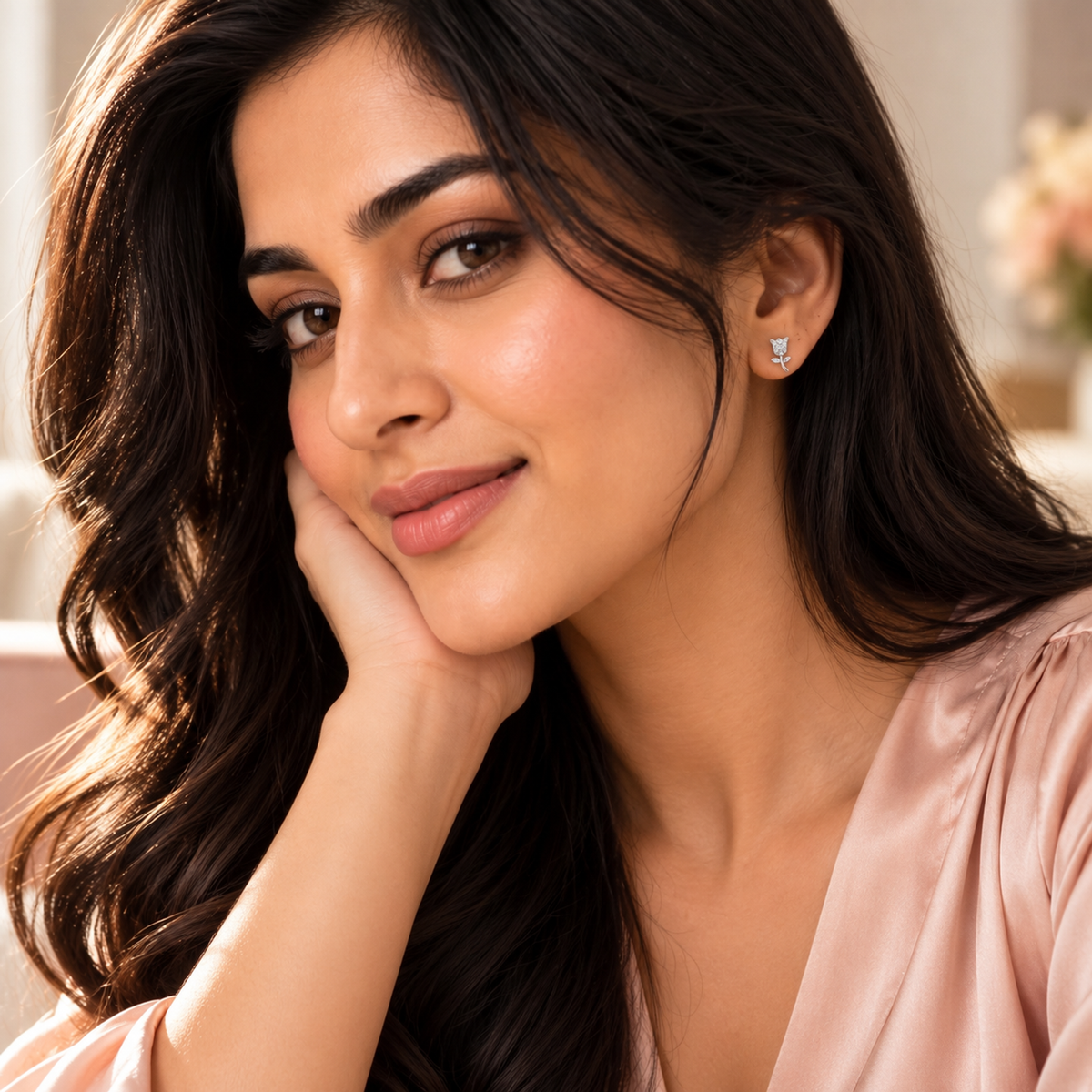 Woman wearing tulip stud earrings smiling gently toward the camera.