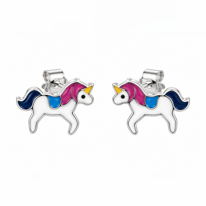 Pair of sterling silver unicorn stud earrings with colourful enamel accents on a white background.