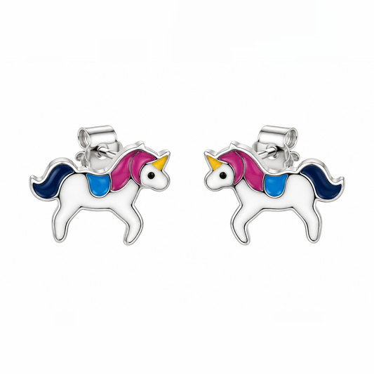 Pair of sterling silver unicorn stud earrings with colourful enamel accents on a white background.