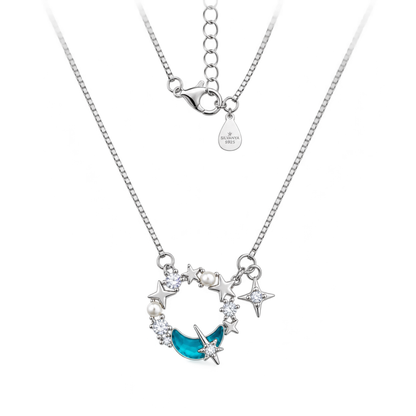 Celestial silver wreath necklace with blue enamel moon and pearls on a white background.