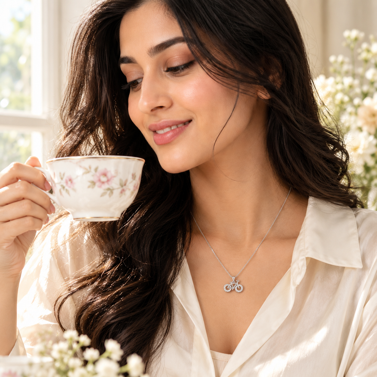 Woman wearing the sterling silver bicycle necklace with an ivory silk blouse in soft daylight.