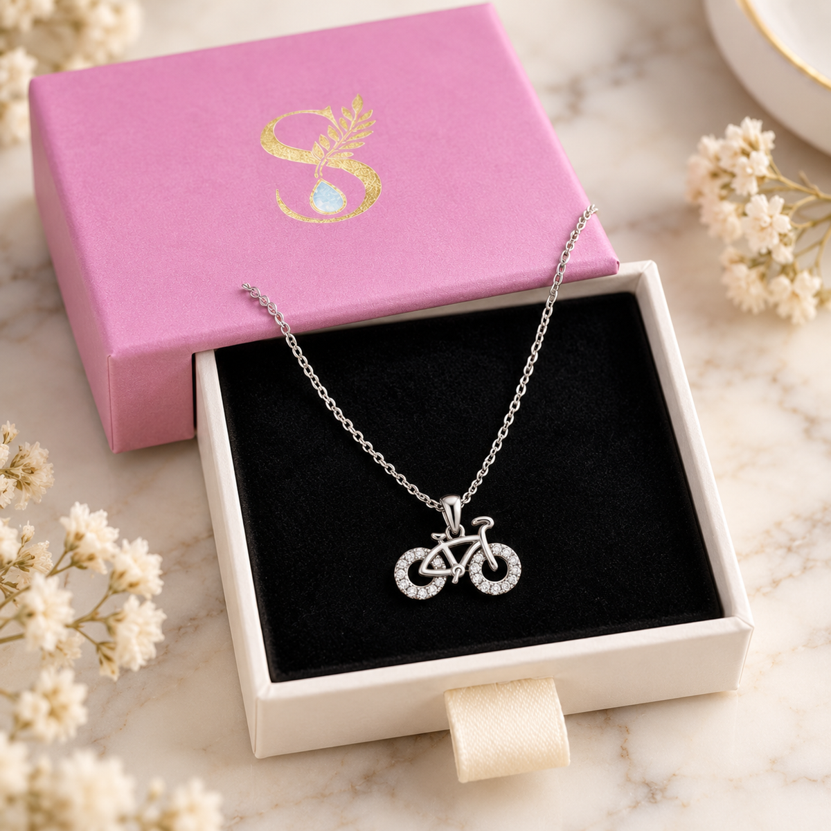 Silver bicycle pendant necklace resting inside a pale pink Silvanya jewellery box with gold foil logo.