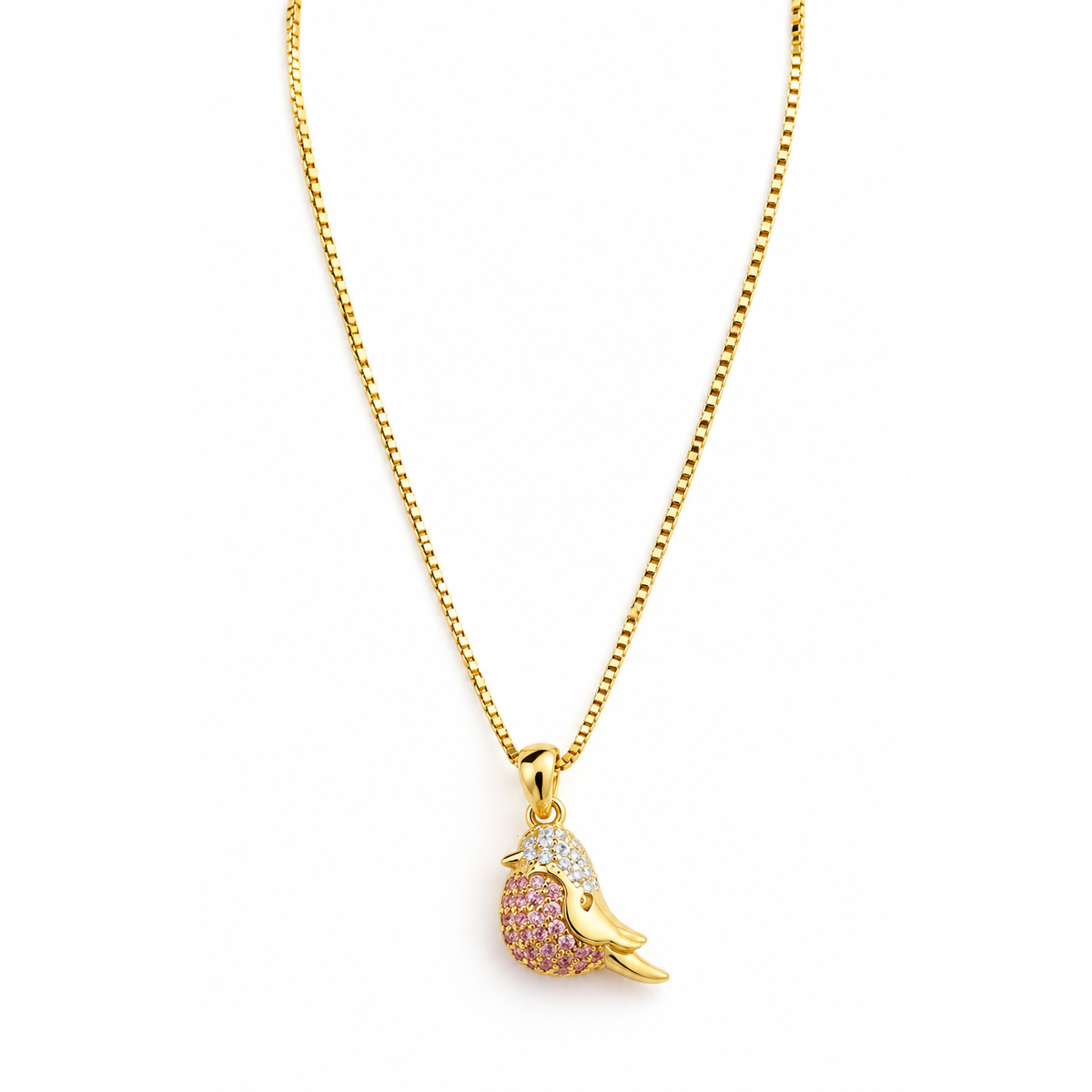 Gold bird pendant set with pink and clear stones on a fine gold chain against a pure white background.