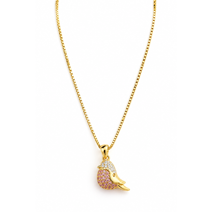 Gold bird pendant set with pink and clear stones on a fine gold chain against a pure white background.