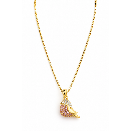 Gold bird pendant set with pink and clear stones on a fine gold chain against a pure white background.