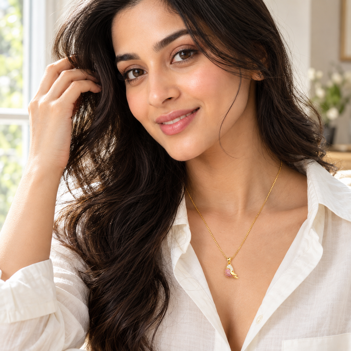 Model in a white shirt looking forward with the gold bird pendant necklace catching bright light.