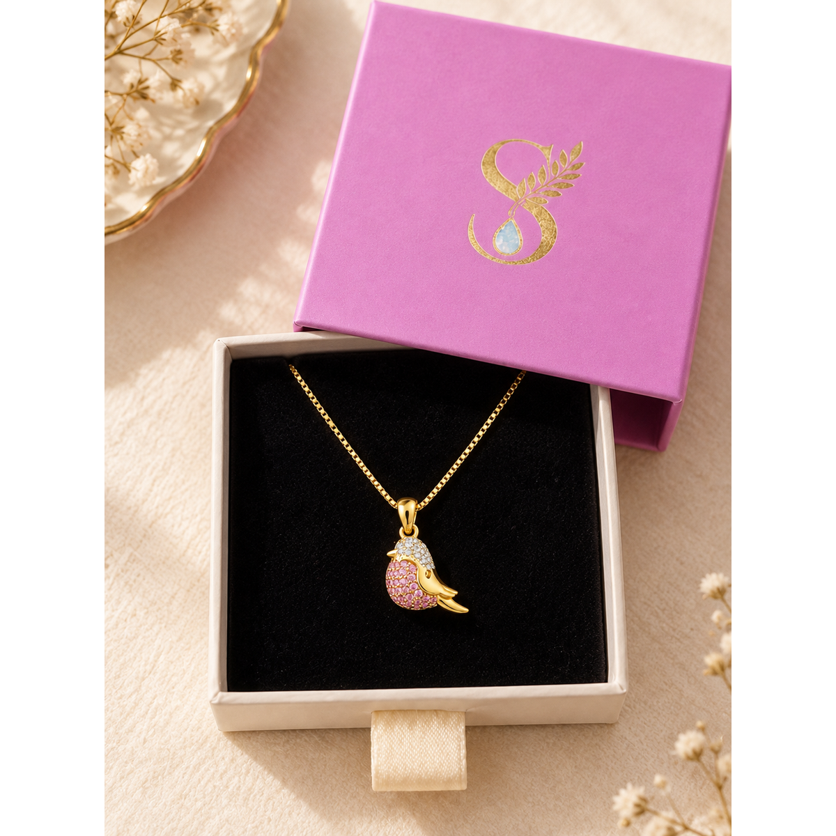 Gold bird pendant necklace presented inside a pale pink Silvanya jewellery box on black velvet.