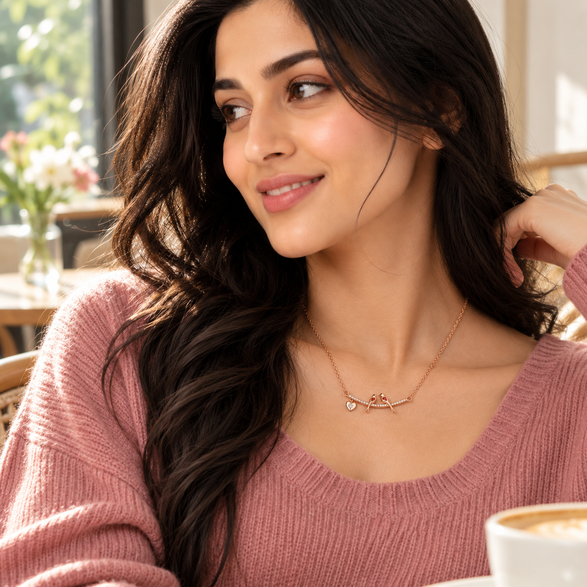 Model wearing rose gold silver necklace while seated in a sunlit café setting.