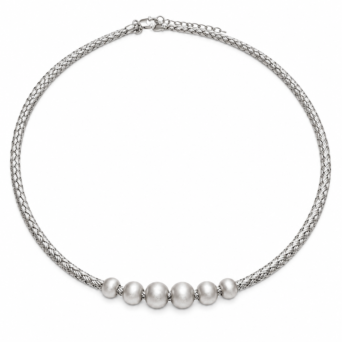 Woven silver choker necklace with six matte beads clustered at the bottom, centered on white background.