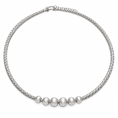 Woven silver choker necklace with six matte beads clustered at the bottom, centered on white background.