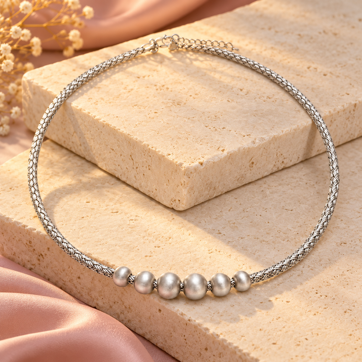Silver braided choker resting on stacked ivory stone blocks with warm side lighting.