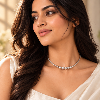 Close view of Noya wearing a braided silver choker with satin beads over ivory draped fabric.