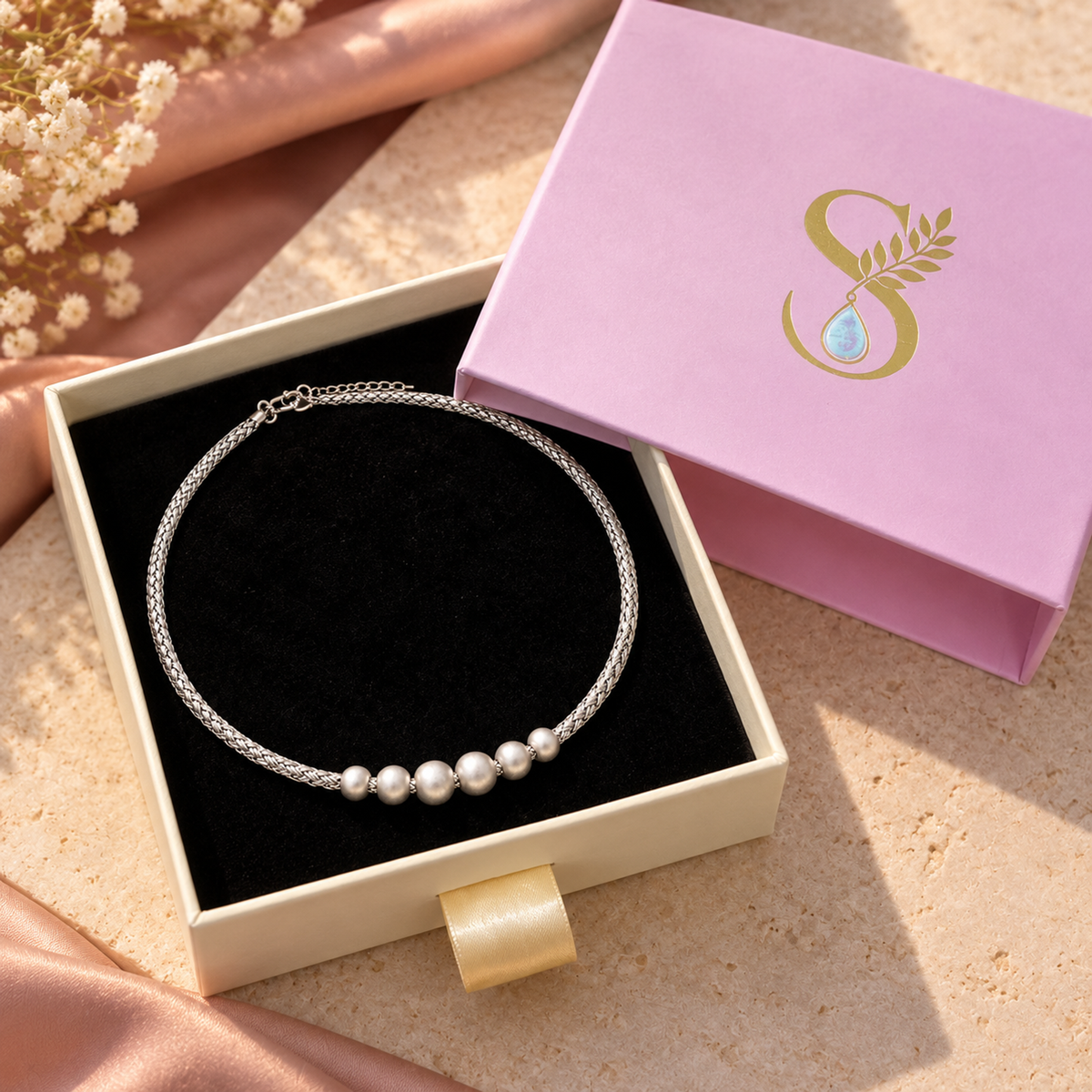 Magenta Silvanya drawer box partially pulled open revealing silver woven choker on black velvet interior.