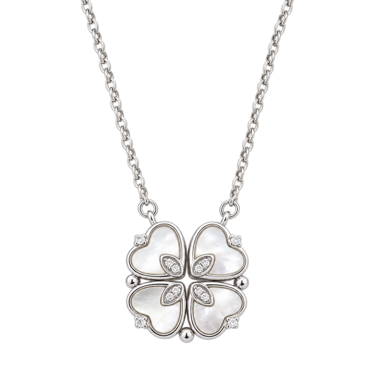 Silver clover necklace with mother of pearl inlay displayed on a pure white background.