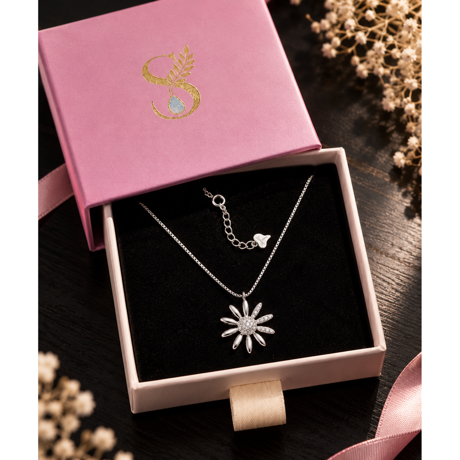 Silvanya silver necklace in the signature pink gift box