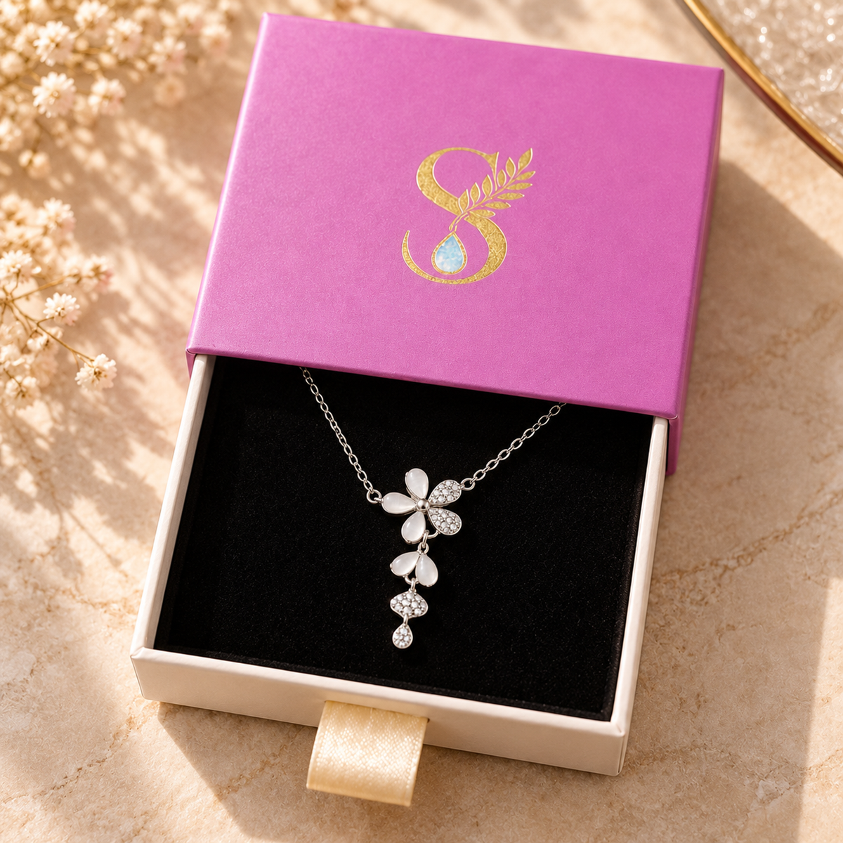 A silver flower necklace nestled inside a magenta-pink drawer-style box with a gold-foil monogram.