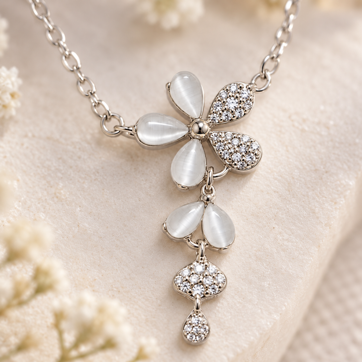 An extreme close-up of a silver flower pendant showing detailed cubic zirconia settings and cat's eye stones.