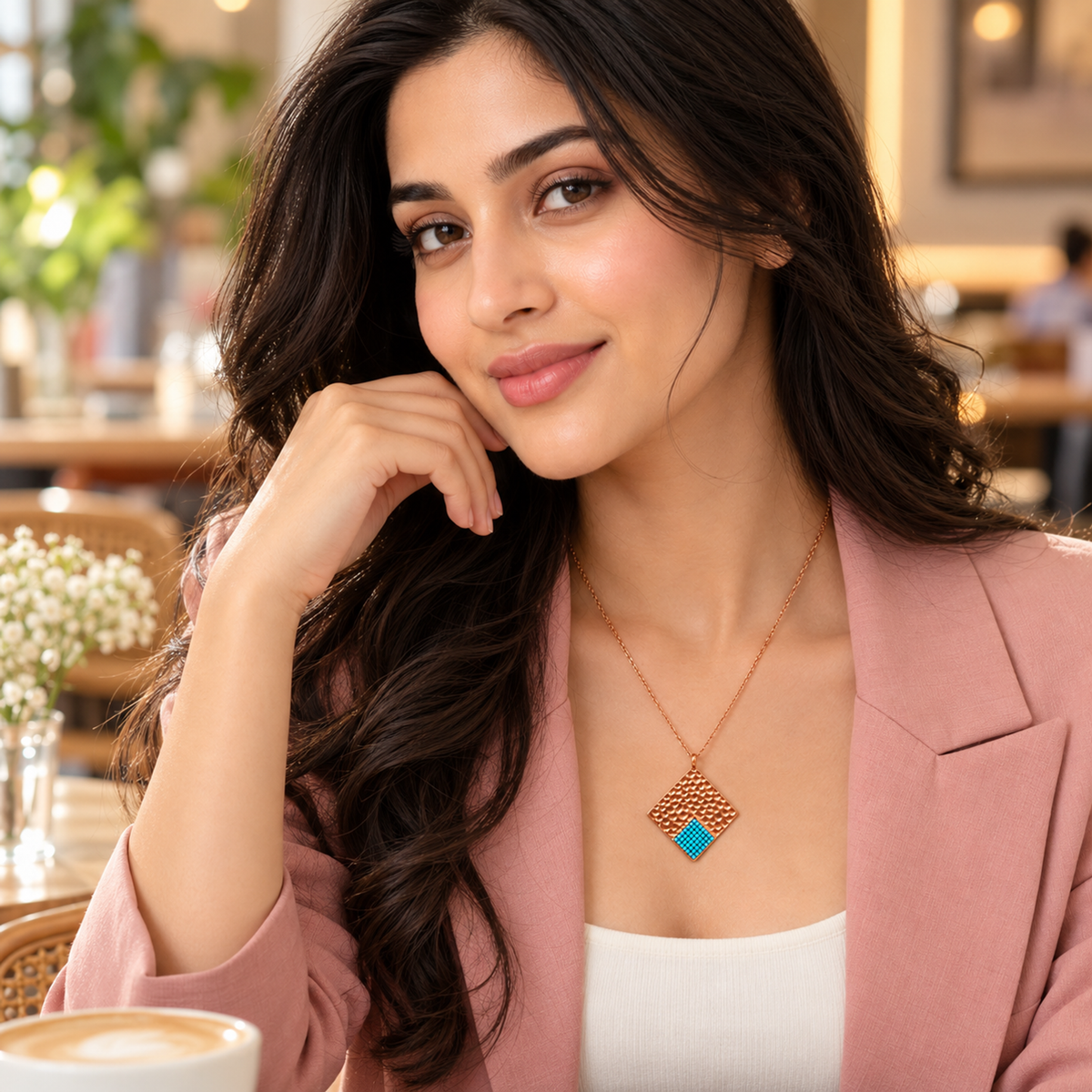 Woman in blush blazer wearing delicate turquoise rose gold pendant.