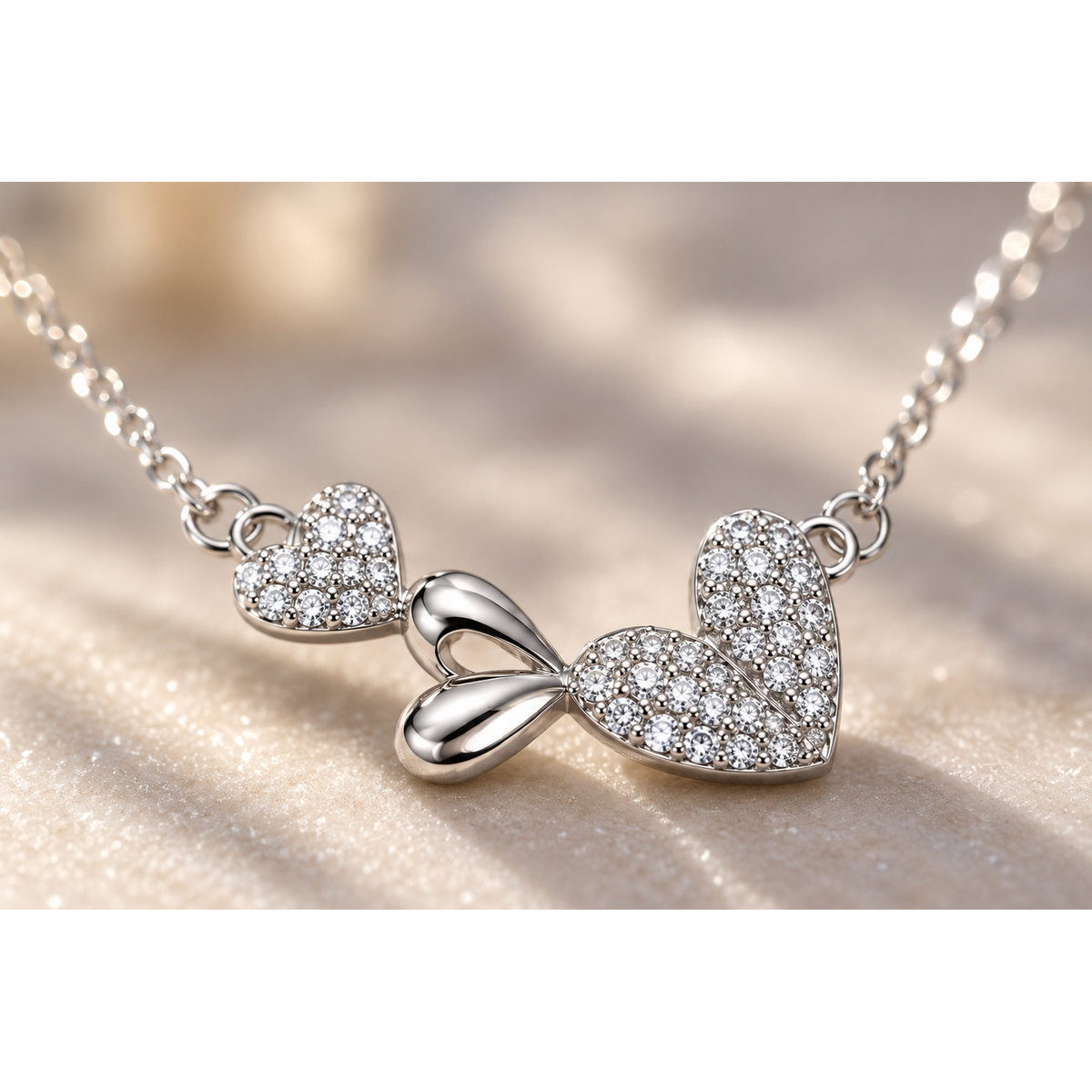 Extreme close-up of the delicate pave stone detailing on a silver necklace.