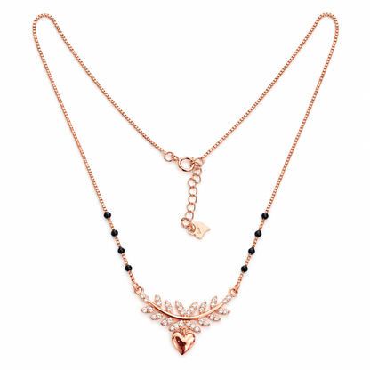 Rose gold infinity mangalsutra necklace with daisy motif centered on white background.