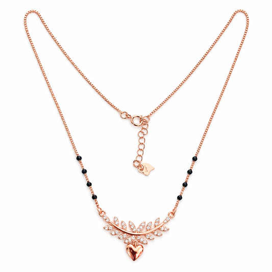 Rose gold infinity mangalsutra necklace with daisy motif centered on white background.