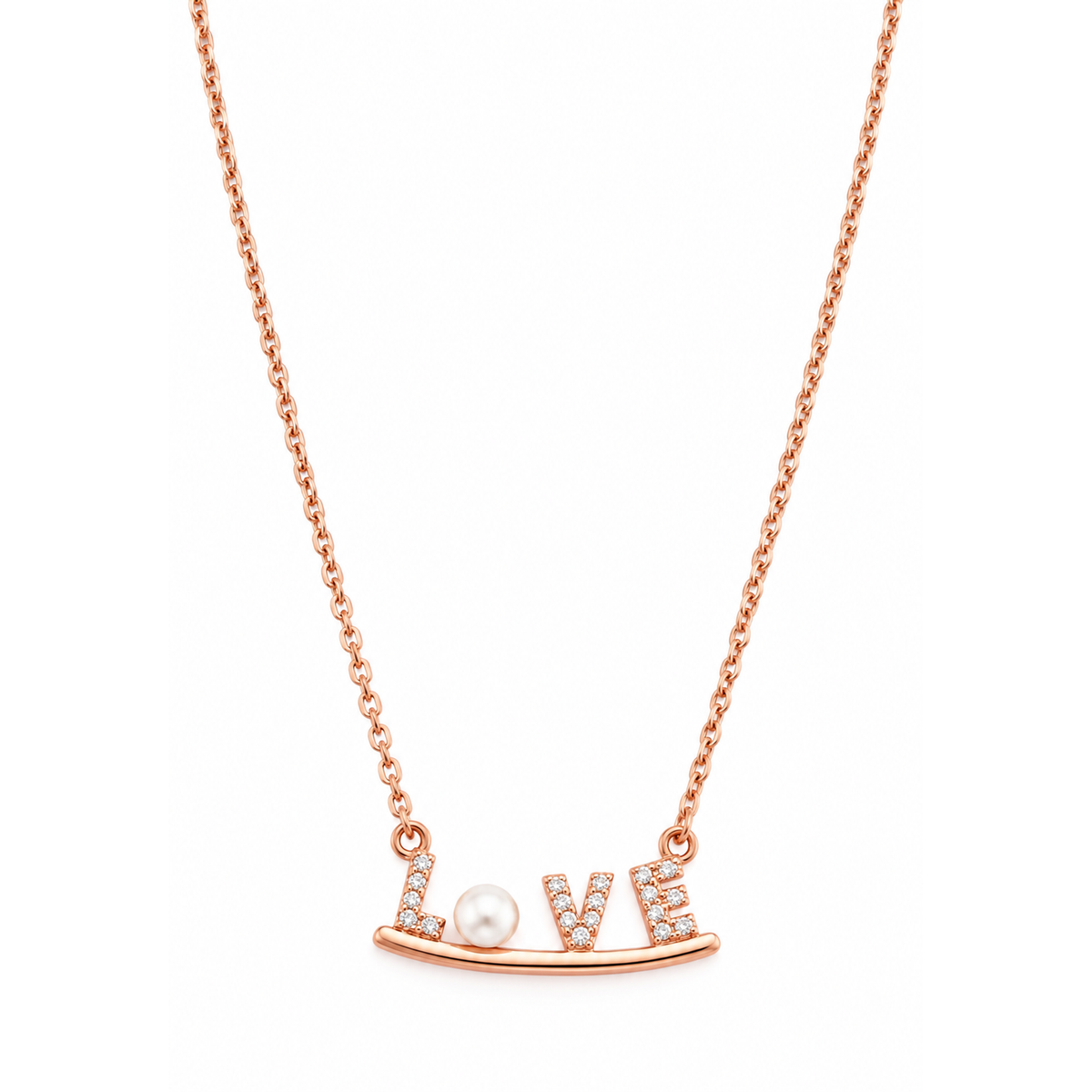 Rose gold LOVE pendant necklace centered on a seamless pure white backdrop.
