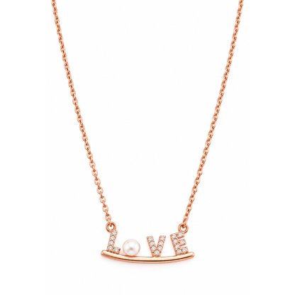 Rose gold LOVE pendant necklace centered on a seamless pure white backdrop.
