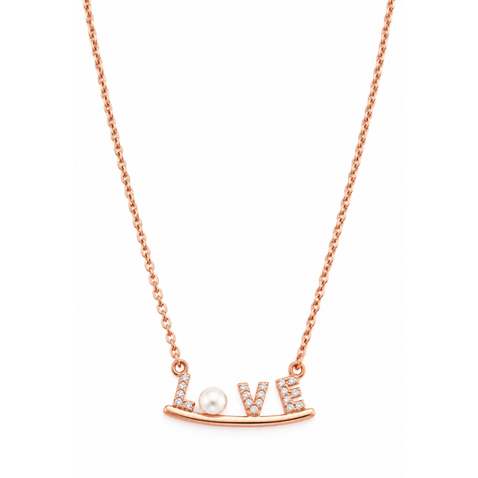 Rose gold LOVE pendant necklace centered on a seamless pure white backdrop.