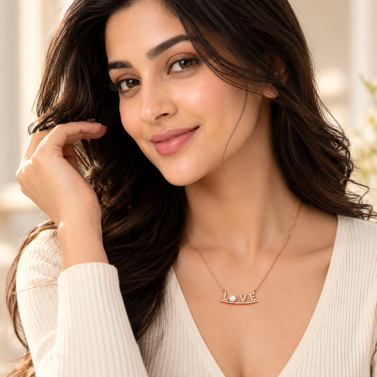 Noya wearing the rose gold LOVE necklace with a subtle smile in an ivory top.